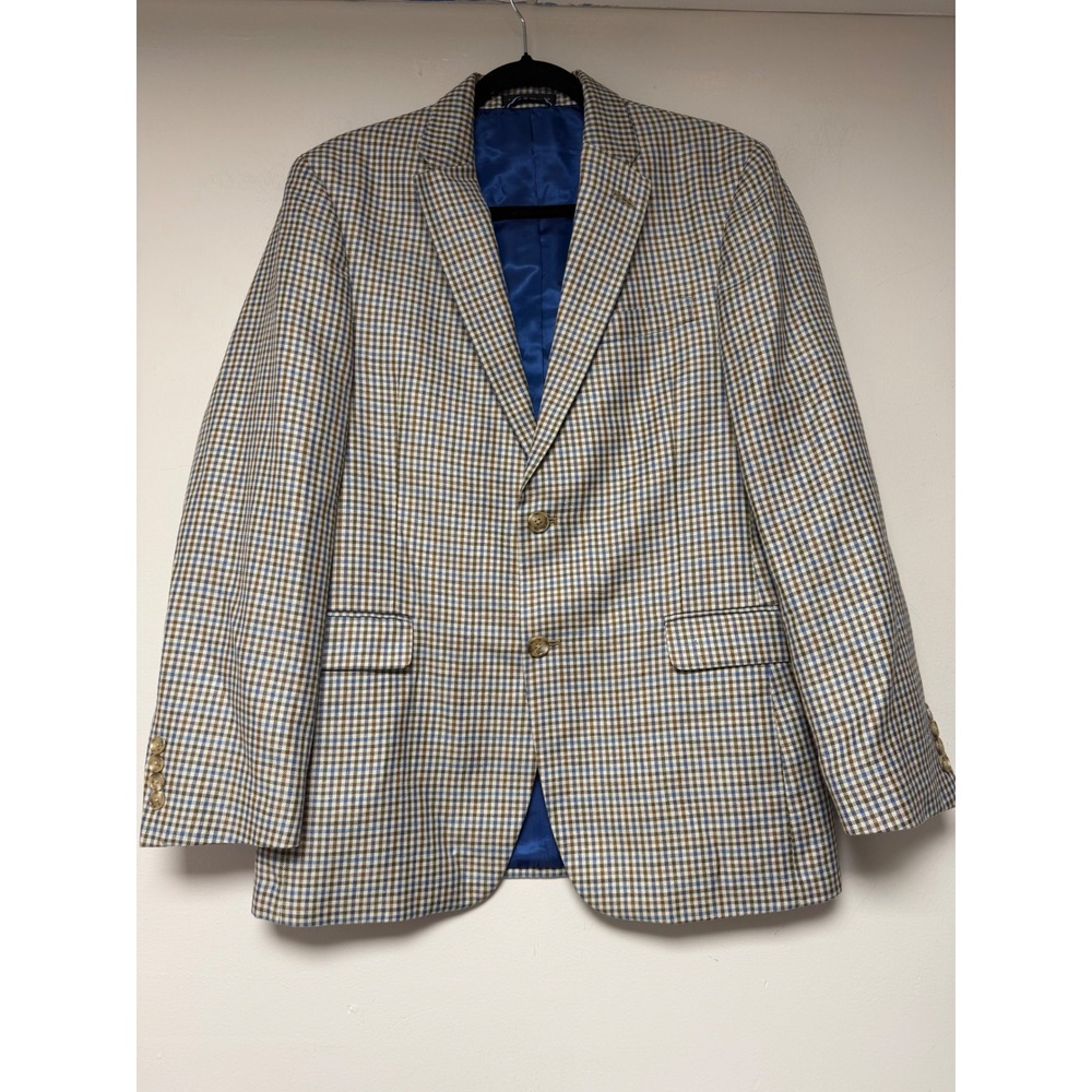 Tommy Hilfiger Mens Brown Blue Plaid Linen Blend Blazer Size R38
